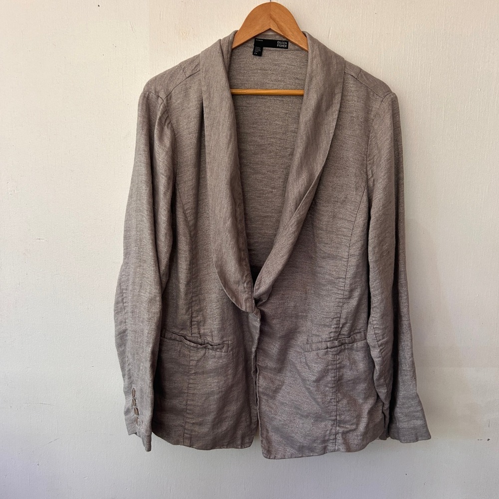 Eileen Fisher Blazer Women 2X Gray Linen Blend Shawl Collar Metallic Lagenlook